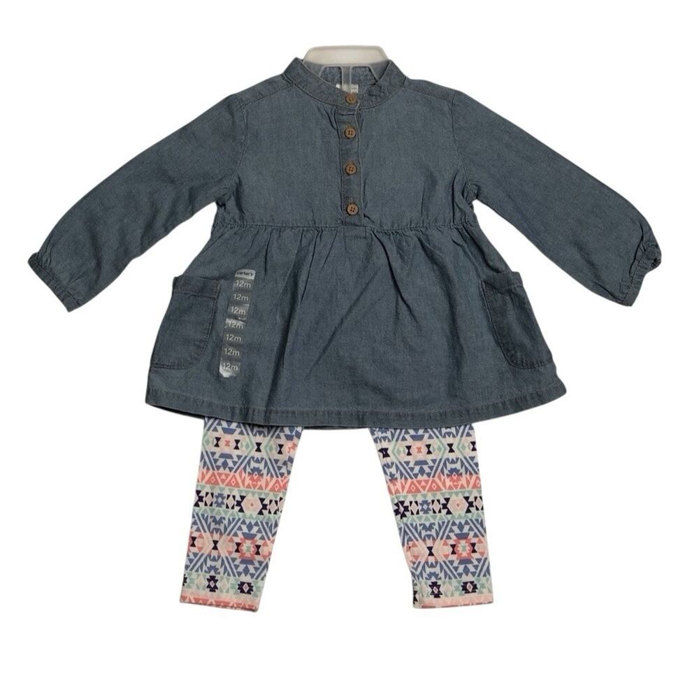 Carters Baby Girls Outfit Chambray Long Sleeve Denim Shirt Aztec Leggings 12 M